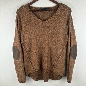 R.D. Style Brown Knit Sweater Size Medium VNeck Pullover Elbow Patches Cozy Fall